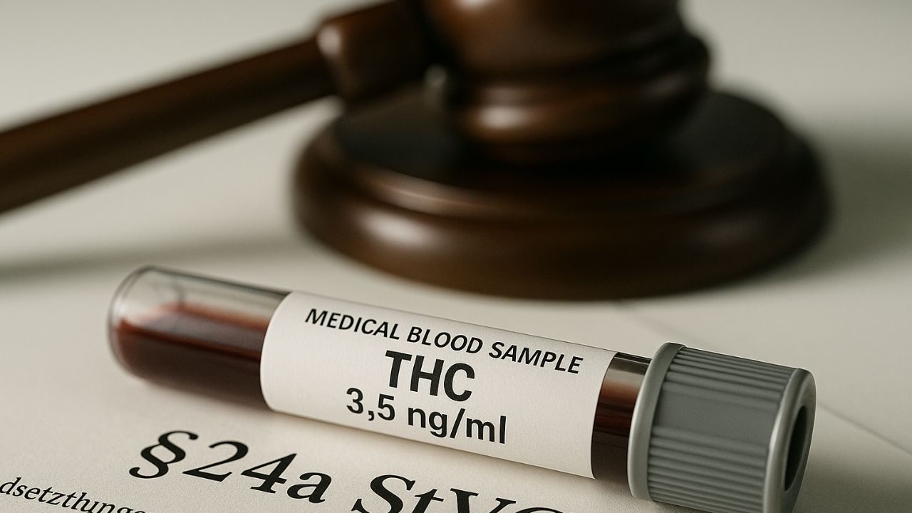 THC-Blutprobe mit Grenzwert von 3,5 ng/ml vor einem Gesetzesdokument – Symbolbild zur neuen Führerscheinregelung.